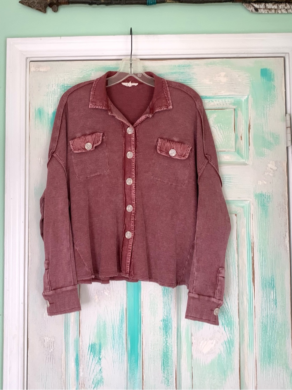 Easel Faded Red/Maroon Waffle Knit Thermal Button Sweater Blouse Small